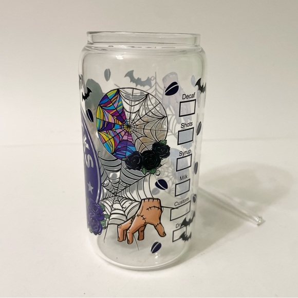 Custom Wednesday Addams Clear Glass Tumbler with Lid and Straw - Picture 10 of 15